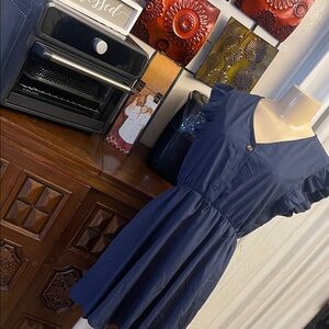 Women's Navy V-Neck Short Sleeve Shirred Waist Dress